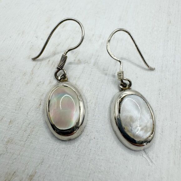 Vintage Mexican Sterling Silver Oval Mother Of Pearl Inlay Dangle Drop Earrings - Picture 13 of 14